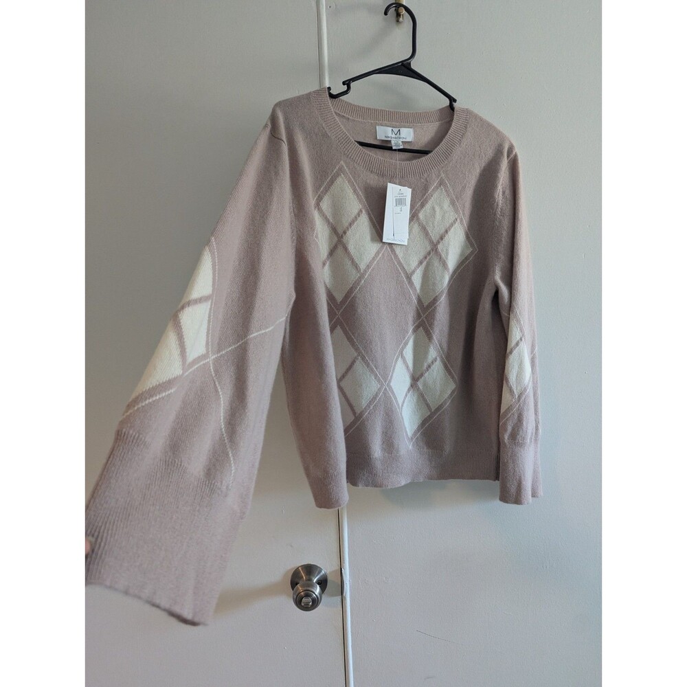 NWT Magaschoni Cashmere Argyle Sweater L Taupe Ivory Bell Sleeve Relaxed preppy